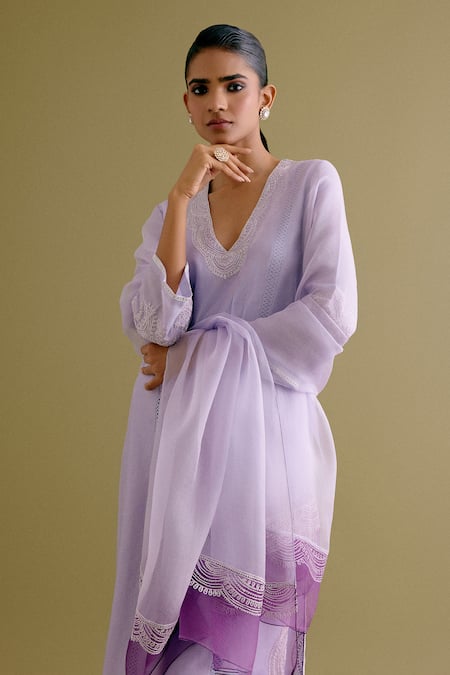 Buy_Devnaagri_Purple , Chanderi, Organza Embroidery, Lace Dori Kurta Palazzo Set 