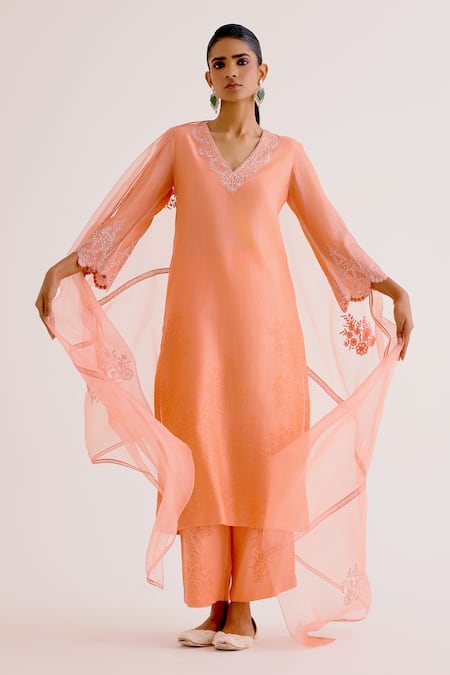 Devnaagri Silk Chanderi Thread Embroidered Kurta Palazzo Set 