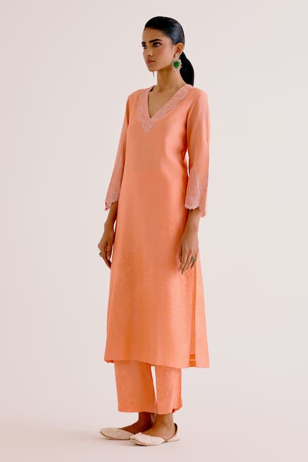 Buy_Devnaagri_Peach , Chanderi, Organza Embroidery V-neck Thread Kurta Palazzo Set _Online_at_Aza_Fashions