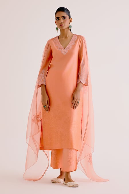 Shop_Devnaagri_Peach , Chanderi, Organza Embroidery V-neck Thread Kurta Palazzo Set _Online_at_Aza_Fashions