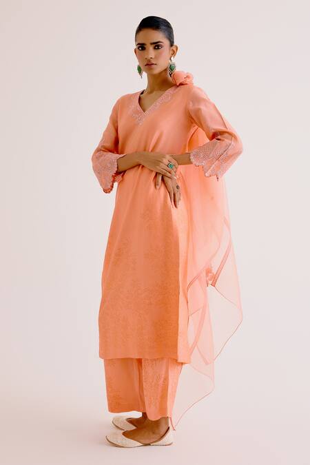 Buy_Devnaagri_Peach , Chanderi, Organza Embroidery V-neck Thread Kurta Palazzo Set 