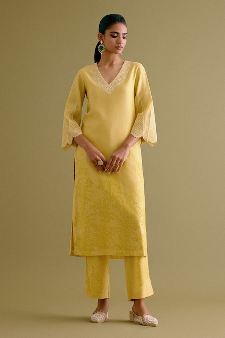 Devnaagri_Yellow , Chanderi, Organza Embroidery V-neck Thread Kurta Palazzo Set _Online_at_Aza_Fashions