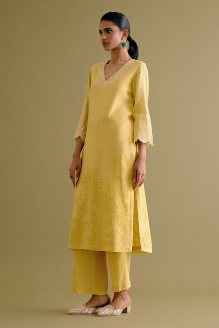 Buy_Devnaagri_Yellow , Chanderi, Organza Embroidery V-neck Thread Kurta Palazzo Set _Online_at_Aza_Fashions
