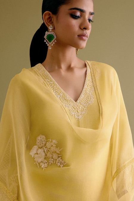Buy_Devnaagri_Yellow , Chanderi, Organza Embroidery V-neck Thread Kurta Palazzo Set 
