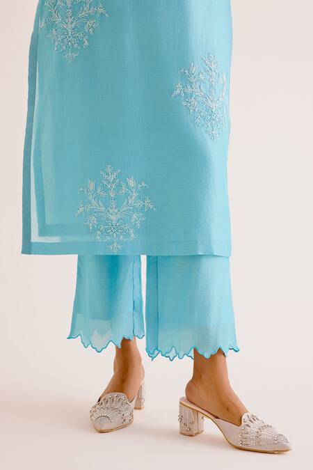 Buy_Devnaagri_Blue , Chanderi, Organza Embroidery Thread Work Kurta Palazzo Set _Online_at_Aza_Fashions
