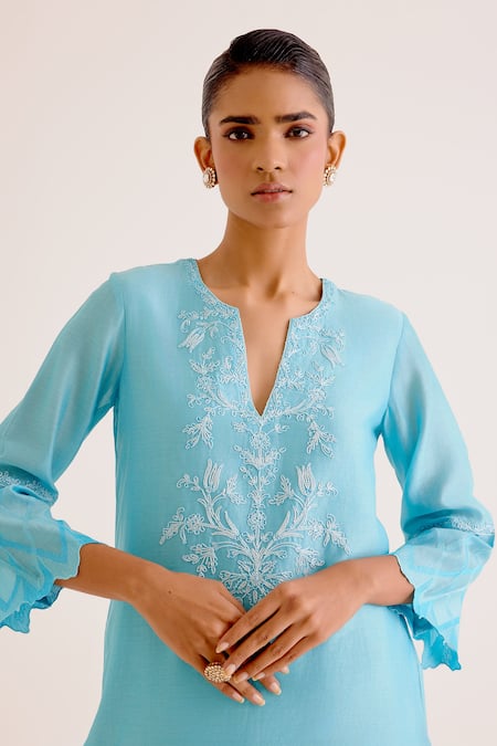 Shop_Devnaagri_Blue , Chanderi, Organza Embroidery Thread Work Kurta Palazzo Set _Online_at_Aza_Fashions