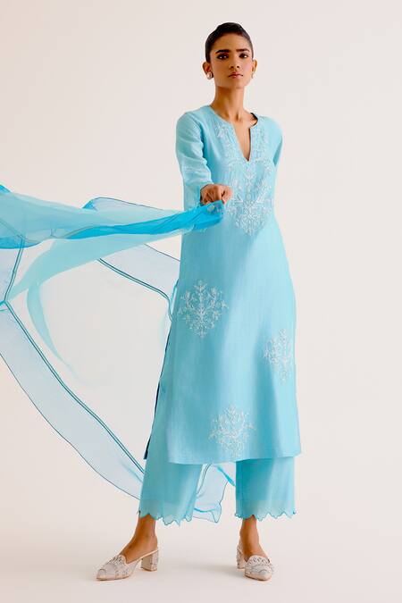 Devnaagri_Blue , Chanderi, Organza Embroidery Thread Work Kurta Palazzo Set _at_Aza_Fashions