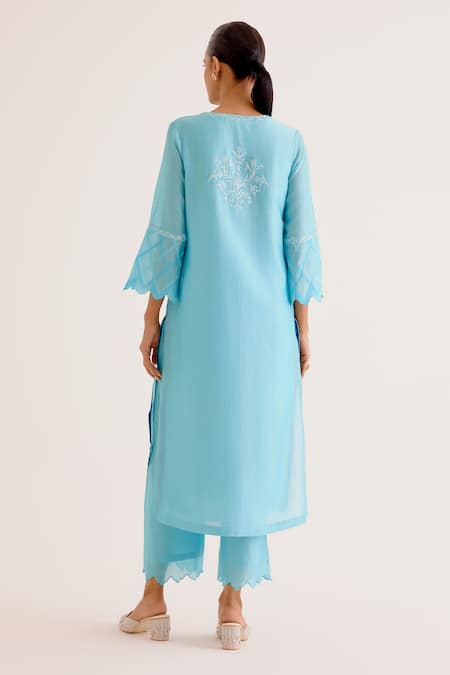 Shop_Devnaagri_Blue , Chanderi, Organza Embroidery Thread Work Kurta Palazzo Set _at_Aza_Fashions
