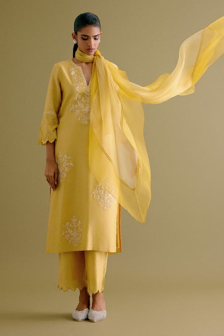 Devnaagri Yellow Silk Chanderi Embroidered Thread Notched Dori Work Kurta Palazzo Set 