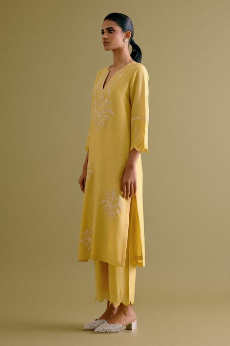 Shop Devnaagri Yellow , Chanderi, Organza Embroidery Split Dori Work Kurta Palazzo Set Online at Aza Fashions Shop_Devnaagri_Yellow , Chanderi, Organza Embroidery Split Dori Work Kurta Palazzo Set _Online_at_Aza_Fashions