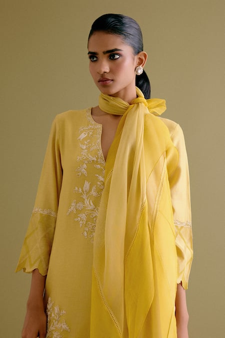 Devnaagri Yellow , Chanderi, Organza Embroidery Split Dori Work Kurta Palazzo Set at Aza Fashions Devnaagri_Yellow , Chanderi, Organza Embroidery Split Dori Work Kurta Palazzo Set _at_Aza_Fashions