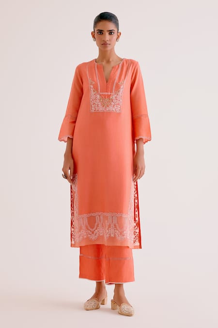 Devnaagri_Orange Silk, Chanderi Diamonds, Sequins, Embroidery Floral Kurta Palazzo Set _Online_at_Aza_Fashions