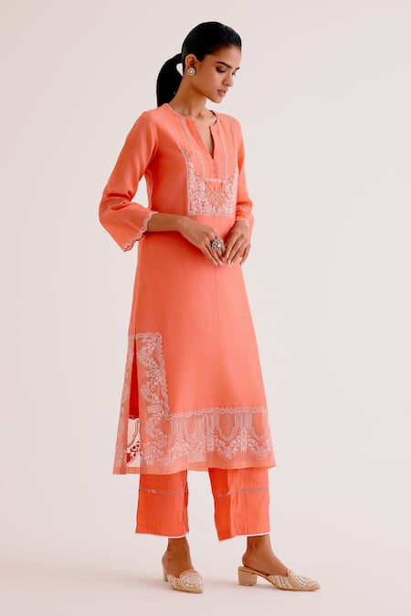 Buy_Devnaagri_Orange Silk, Chanderi Diamonds, Sequins, Embroidery Floral Kurta Palazzo Set _Online_at_Aza_Fashions
