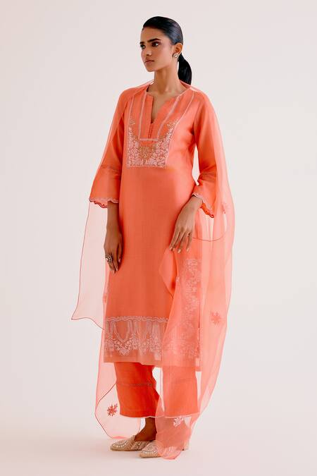 Shop_Devnaagri_Orange Silk, Chanderi Diamonds, Sequins, Embroidery Floral Kurta Palazzo Set _Online_at_Aza_Fashions