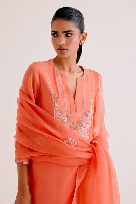 Devnaagri_Orange Silk, Chanderi Diamonds, Sequins, Embroidery Floral Kurta Palazzo Set _at_Aza_Fashions