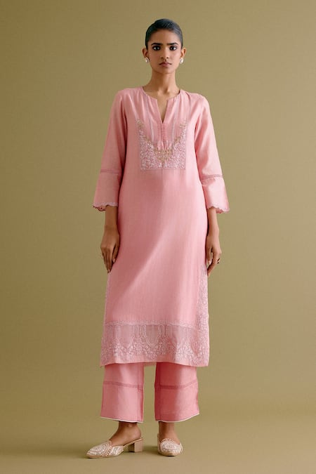 Devnaagri Pink , Chanderi, Organza Embroidery, Straight Kurta And Palazzo Set Online at Aza Fashions Devnaagri_Pink , Chanderi, Organza Embroidery, Straight Kurta And Palazzo Set _Online_at_Aza_Fashions