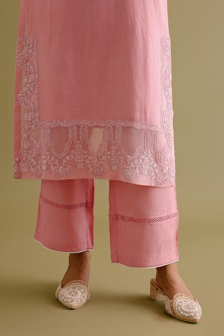 Shop Devnaagri Pink , Chanderi, Organza Embroidery, Straight Kurta And Palazzo Set Online at Aza Fashions Shop_Devnaagri_Pink , Chanderi, Organza Embroidery, Straight Kurta And Palazzo Set _Online_at_Aza_Fashions
