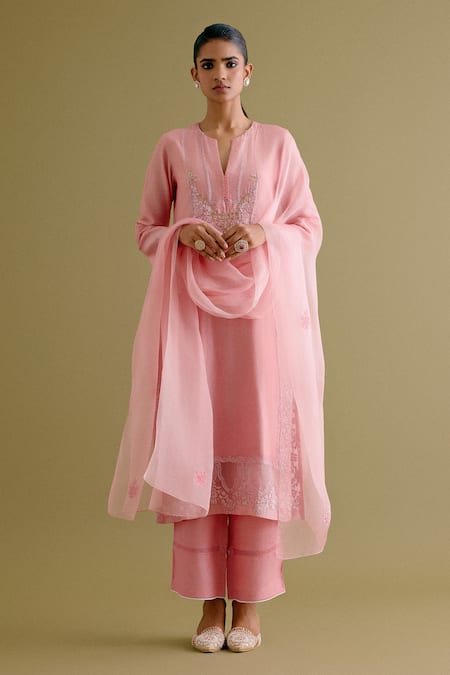 Buy Devnaagri Pink , Chanderi, Organza Embroidery, Straight Kurta And Palazzo Set Buy_Devnaagri_Pink , Chanderi, Organza Embroidery, Straight Kurta And Palazzo Set