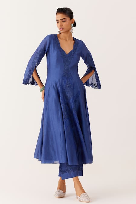 Devnaagri Blue Chanderi, , Organza Embroidery Dori Anarkali Palazzo Set Online at Aza Fashions Devnaagri_Blue Chanderi, , Organza Embroidery Dori Anarkali Palazzo Set _Online_at_Aza_Fashions