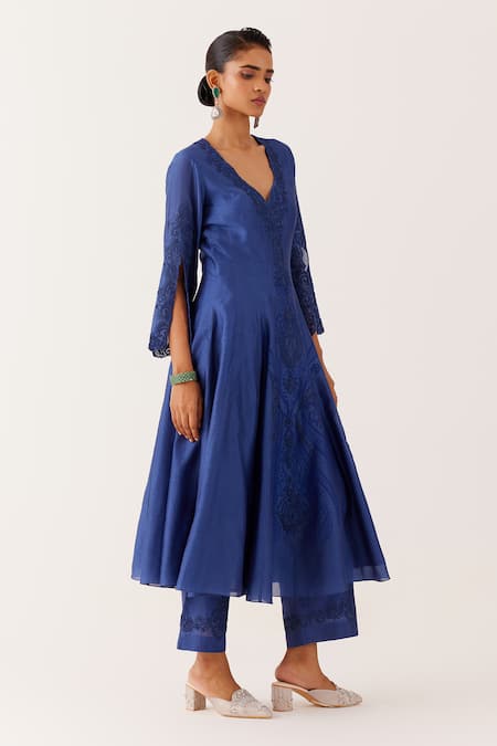 Buy Devnaagri Blue Chanderi, , Organza Embroidery Dori Anarkali Palazzo Set Online at Aza Fashions Buy_Devnaagri_Blue Chanderi, , Organza Embroidery Dori Anarkali Palazzo Set _Online_at_Aza_Fashions