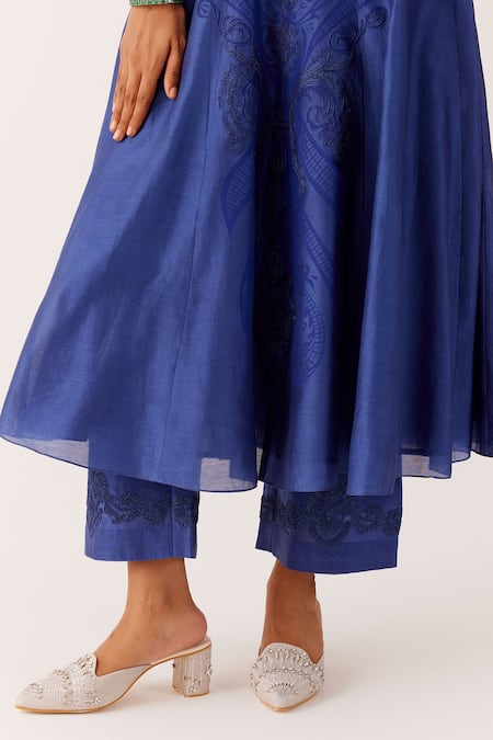Shop Devnaagri Blue Chanderi, , Organza Embroidery Dori Anarkali Palazzo Set Online at Aza Fashions Shop_Devnaagri_Blue Chanderi, , Organza Embroidery Dori Anarkali Palazzo Set _Online_at_Aza_Fashions