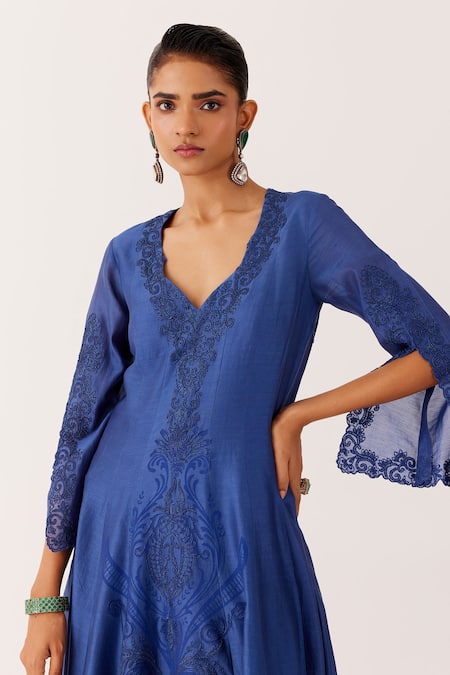 Devnaagri Blue Chanderi, , Organza Embroidery Dori Anarkali Palazzo Set at Aza Fashions Devnaagri_Blue Chanderi, , Organza Embroidery Dori Anarkali Palazzo Set _at_Aza_Fashions
