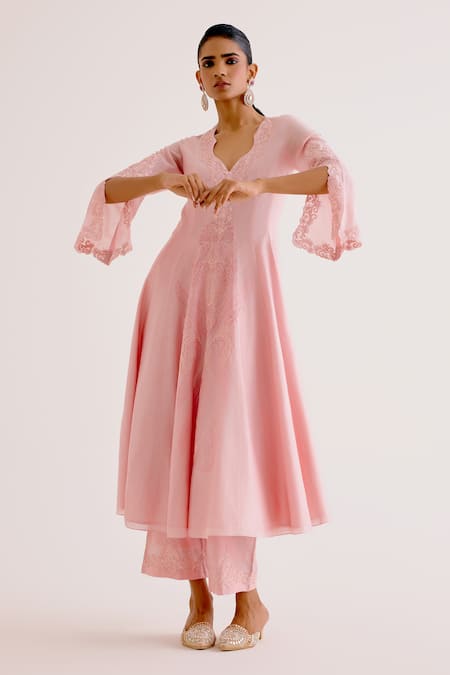 Shop Devnaagri Pink , Chanderi, Organza Embroidery Dori And Thread Anarkali Palazzo Set Online at Aza Fashions Shop_Devnaagri_Pink , Chanderi, Organza Embroidery Dori And Thread Anarkali Palazzo Set _Online_at_Aza_Fashions