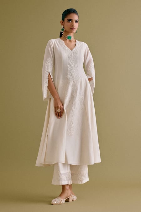 Devnaagri_Ivory , Chanderi, Organza Embroidery Dori Work Anarkali Palazzo Set _Online_at_Aza_Fashions