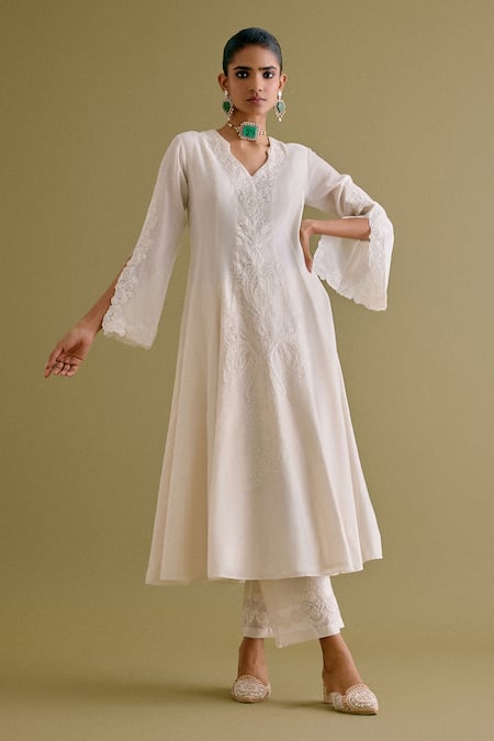 Buy_Devnaagri_Ivory , Chanderi, Organza Embroidery Dori Work Anarkali Palazzo Set _Online_at_Aza_Fashions