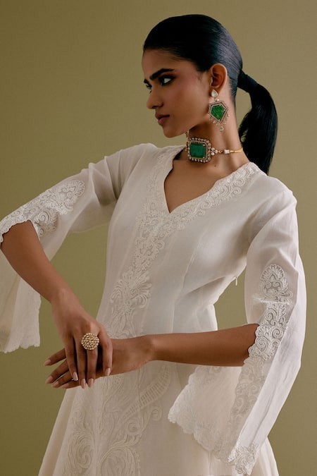 Devnaagri_Ivory , Chanderi, Organza Embroidery Dori Work Anarkali Palazzo Set _at_Aza_Fashions