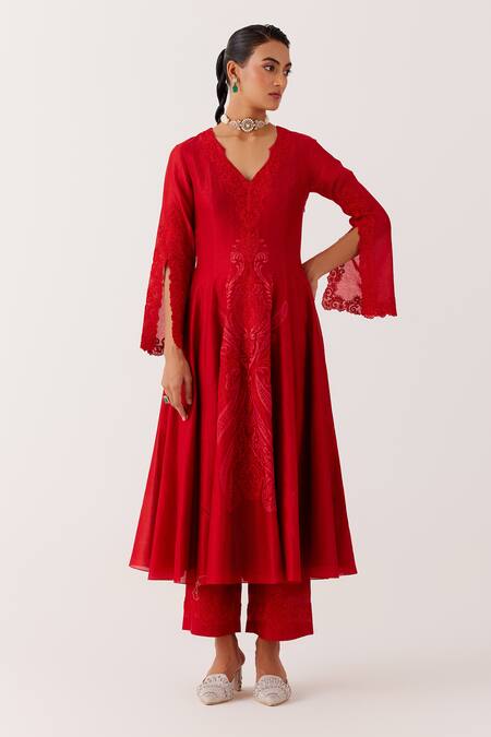 Devnaagri_Red , Chanderi, Organza Dori Work Screen Print Anarkali Palazzo Set _Online_at_Aza_Fashions