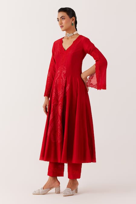 Buy_Devnaagri_Red , Chanderi, Organza Dori Work Screen Print Anarkali Palazzo Set _Online_at_Aza_Fashions