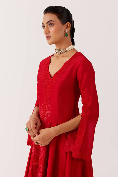 Shop_Devnaagri_Red , Chanderi, Organza Dori Work Screen Print Anarkali Palazzo Set _Online_at_Aza_Fashions