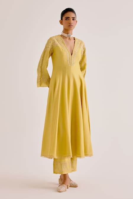 Devnaagri Yellow , Chanderi, Organza Embroidery, Dori Anarkali Palazzo Set Online at Aza Fashions Devnaagri_Yellow , Chanderi, Organza Embroidery, Dori Anarkali Palazzo Set _Online_at_Aza_Fashions