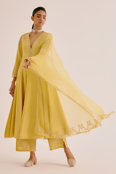 Devnaagri Yellow , Chanderi, Organza Embroidery, Dori Anarkali Palazzo Set at Aza Fashions Devnaagri_Yellow , Chanderi, Organza Embroidery, Dori Anarkali Palazzo Set _at_Aza_Fashions