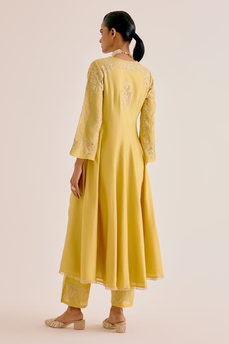 Shop Devnaagri Yellow , Chanderi, Organza Embroidery, Dori Anarkali Palazzo Set at Aza Fashions Shop_Devnaagri_Yellow , Chanderi, Organza Embroidery, Dori Anarkali Palazzo Set _at_Aza_Fashions