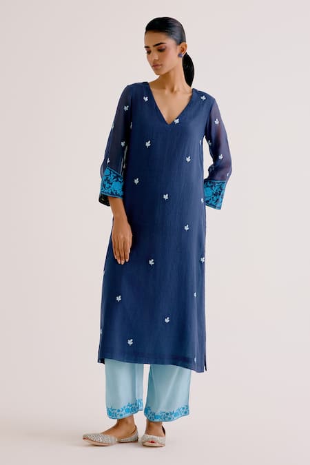 Devnaagri_Blue Polyester, Kota Doria Embroidery V-neck Kurta Pant Set_Online_at_Aza_Fashions
