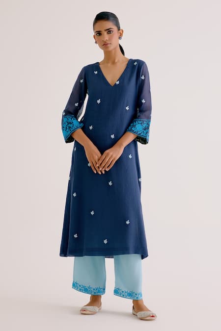 Buy_Devnaagri_Blue Polyester, Kota Doria Embroidery V-neck Kurta Pant Set_Online_at_Aza_Fashions