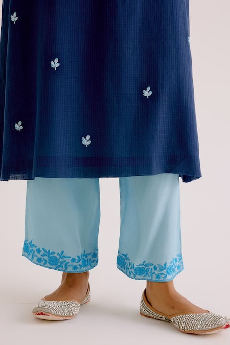 Shop_Devnaagri_Blue Polyester, Kota Doria Embroidery V-neck Kurta Pant Set_Online_at_Aza_Fashions