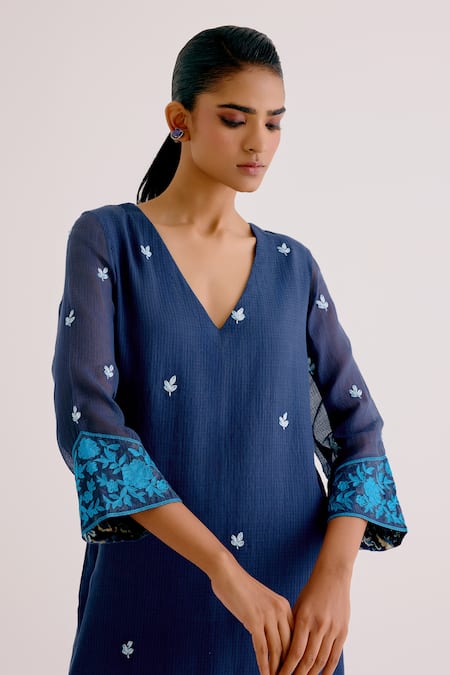 Devnaagri_Blue Polyester, Kota Doria Embroidery V-neck Kurta Pant Set_at_Aza_Fashions