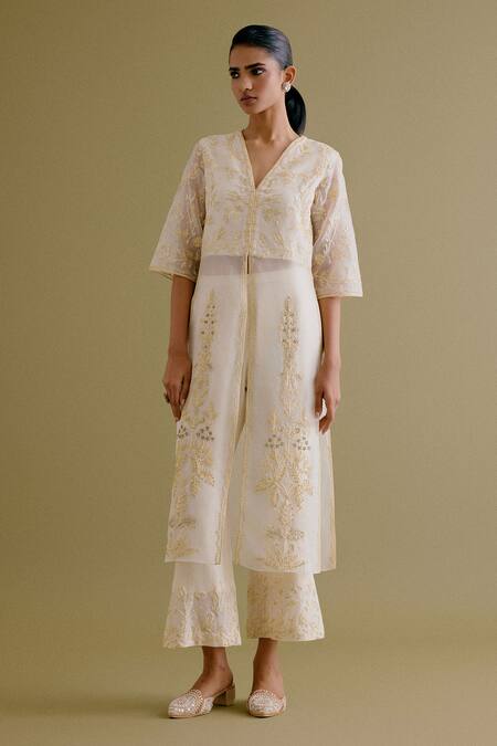 Devnaagri Ivory Silk, Chanderi Embroidery V-neck Straight Kurta And Pant Set Online at Aza Fashions Devnaagri_Ivory Silk, Chanderi Embroidery V-neck Straight Kurta And Pant Set _Online_at_Aza_Fashions