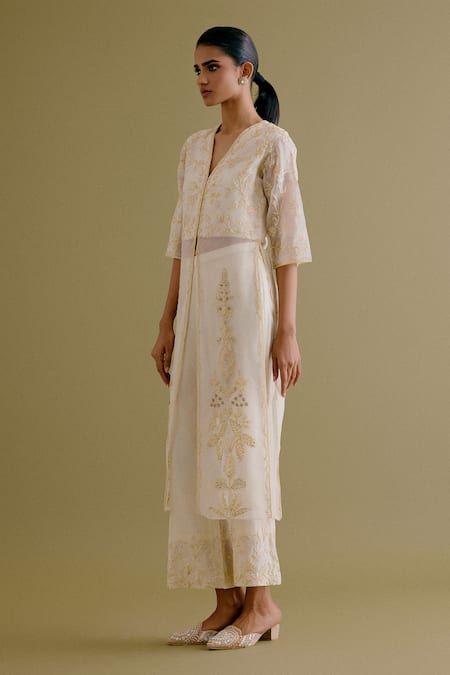 Buy Devnaagri Ivory Silk, Chanderi Embroidery V-neck Straight Kurta And Pant Set Online at Aza Fashions Buy_Devnaagri_Ivory Silk, Chanderi Embroidery V-neck Straight Kurta And Pant Set _Online_at_Aza_Fashions