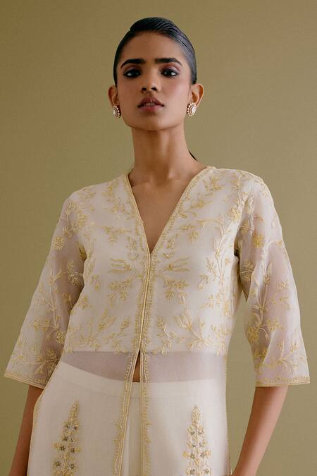 Devnaagri Ivory Silk, Chanderi Embroidery V-neck Straight Kurta And Pant Set at Aza Fashions Devnaagri_Ivory Silk, Chanderi Embroidery V-neck Straight Kurta And Pant Set _at_Aza_Fashions