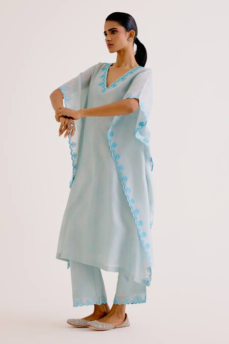 Devnaagri_Blue Silk, Chanderi Embroidery V-neck Dori Work Kaftan And Pant Set_Online_at_Aza_Fashions