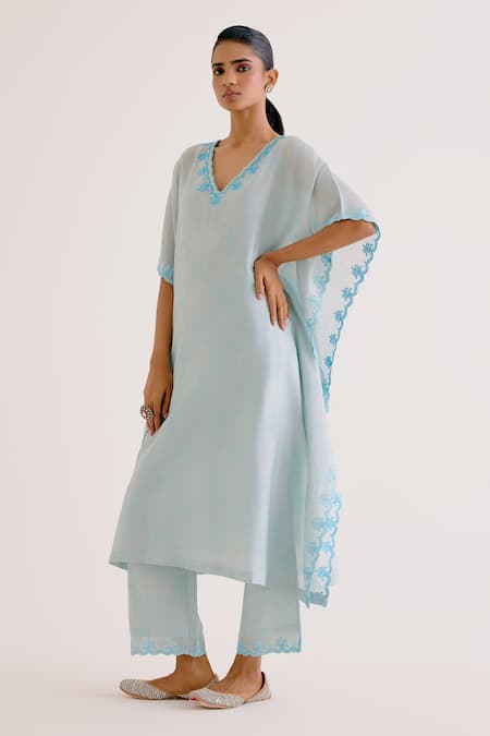 Buy_Devnaagri_Blue Silk, Chanderi Embroidery V-neck Dori Work Kaftan And Pant Set_Online_at_Aza_Fashions