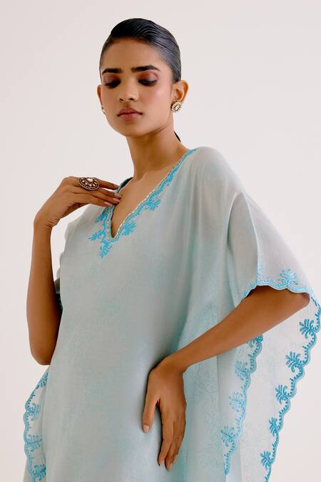 Shop_Devnaagri_Blue Silk, Chanderi Embroidery V-neck Dori Work Kaftan And Pant Set_Online_at_Aza_Fashions