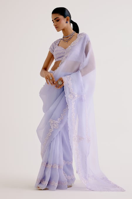 Buy_Devnaagri_Purple Silk Organza, Tussar Embroidery Round Neck Dori Work Saree With Blouse _Online_at_Aza_Fashions