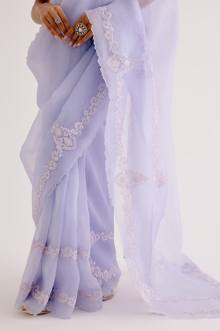 Shop_Devnaagri_Purple Silk Organza, Tussar Embroidery Round Neck Dori Work Saree With Blouse _Online_at_Aza_Fashions