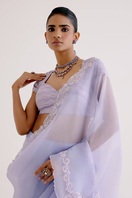 Devnaagri_Purple Silk Organza, Tussar Embroidery Round Neck Dori Work Saree With Blouse _at_Aza_Fashions