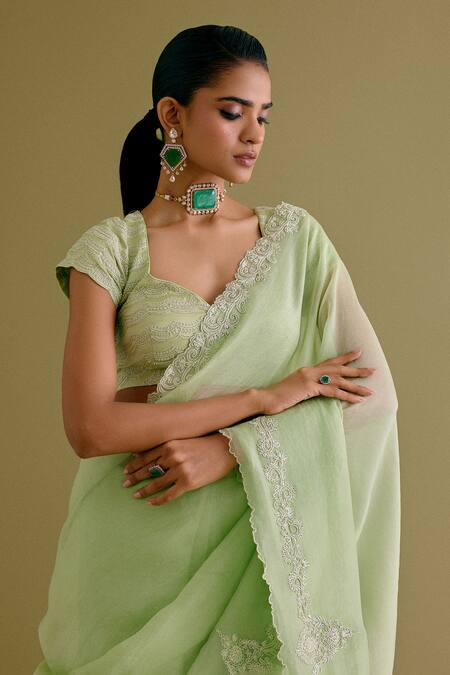 Devnaagri_Green Silk Organza, Tussar Embroidery Scoop Neck Dori Saree With Blouse _Online_at_Aza_Fashions
